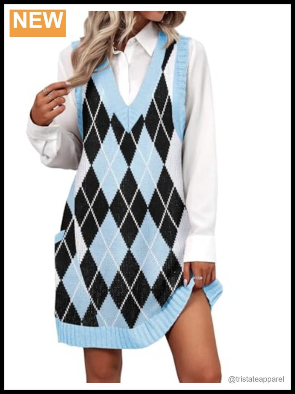 100% Acrylic Knit Sleeveless Sweater Dress V-Neck Pullover Vest with Pockets